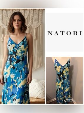 Natori Blue, Yellow and Black Floral Slip Dress
